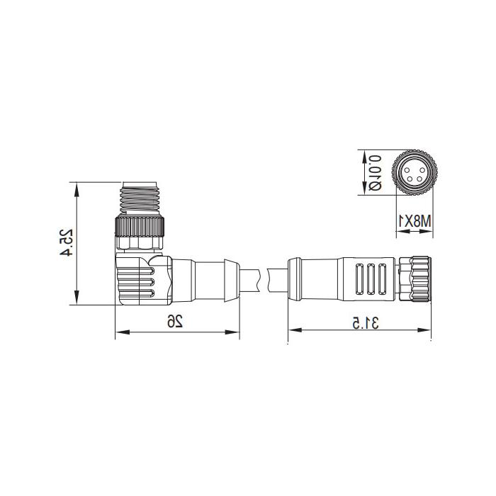 M8 4Pin、母头直型转公头90°、双端预铸PVC非柔性电缆、灰色护套、63D143-XXX