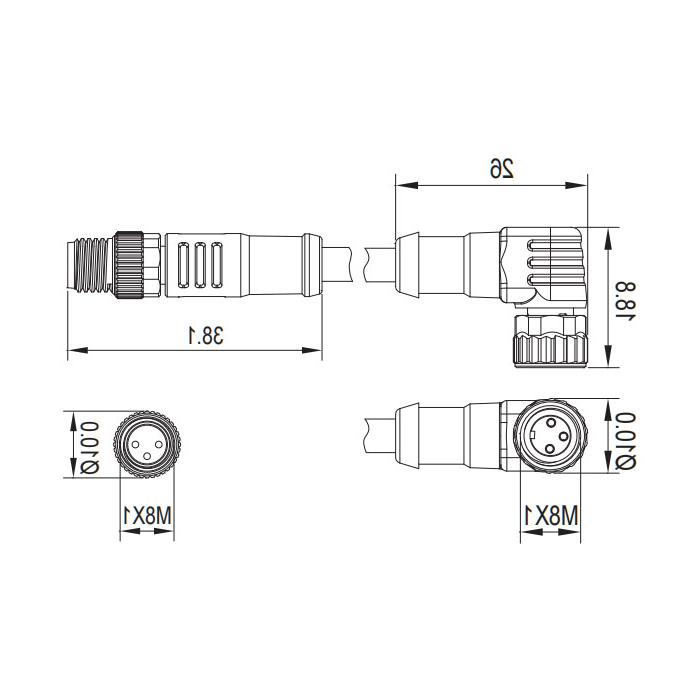 M8 3Pin、母头90°转公头直型、双端预铸PUR柔性电缆、黑色护套、63D061-XXX 