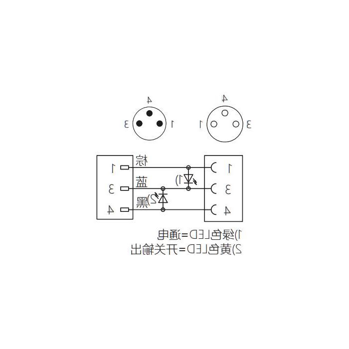 M8 3Pin、母头直型带LED灯转公头直型、双端预铸PUR柔性电缆、黑色护套、63D021-XXX